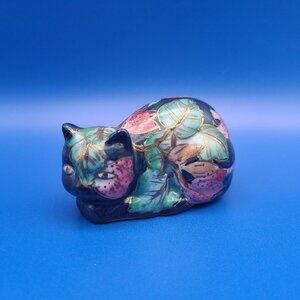 Vintage Chinese Floral Porcelain Cat Figurine Black Green Pink 3.5"